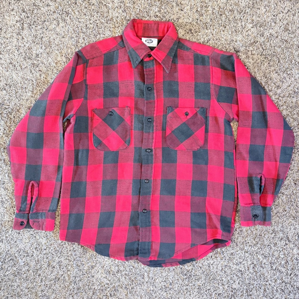 Vintage Mr Leggs Mens Red Black Buffalo Plaid Flannel Shirt Medium Made in USA